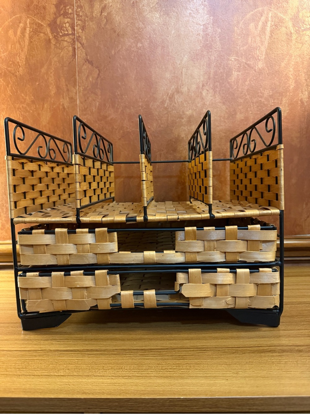Vintage Woven Wicker Rattan Wrought Iron Desk Organizer Mail Sorter 2 Drawers